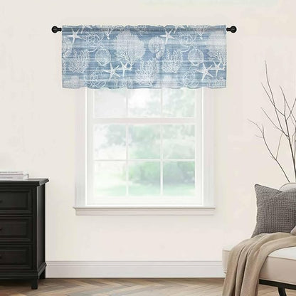 Haze Blue Retro Summer Sheer Valance Curtains, Sea Turtle Starfish Coral Ocean - Image 5
