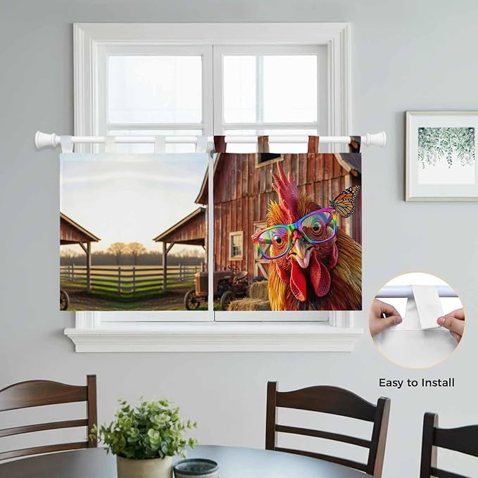 Farm Rooster Kitchen Curtains 24 Inch Length, Small Window Curtains Tab Top - Image 4