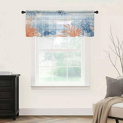 Ocean Corals Sheer Valance Curtains, Summer Beach Coral Sea Stars Blue Wood - Image 5