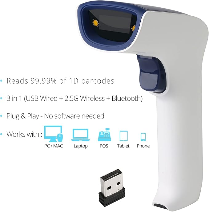ScanAvenger Wireless Portable 1D Bluetooth Barcode Scanner: Hand Scanner 3-in-1, Cordless, Rechargeable Scan Gun for Inventory - USB Barcode Reader (1D Only No QR with No Next Gen Stand)