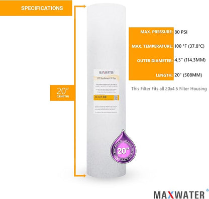 Max Water 20" x 4.5" 10 Micron Sediment Water Filter, Whole House Water Filter - Image 2