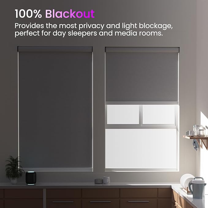 Astomi Motorized Roller Shades for Windows, Blackout Automatic Blinds with Remote, Smart Blinds, Voice Control, Compatible with Alexa, Google, Custom Size (Natural Wood)