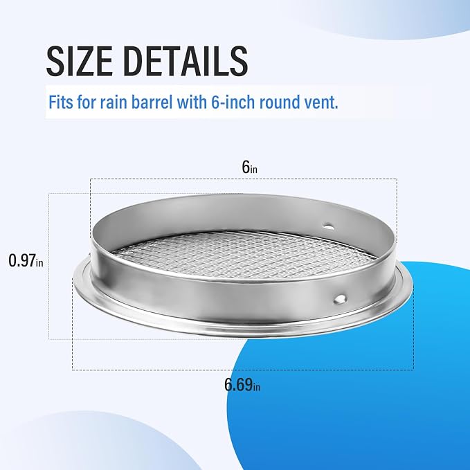 ANTOBLE Rain Barrel Screen, 6 Inch Ultra Fine Mesh Aluminum Rain Barrel Top - Image 2