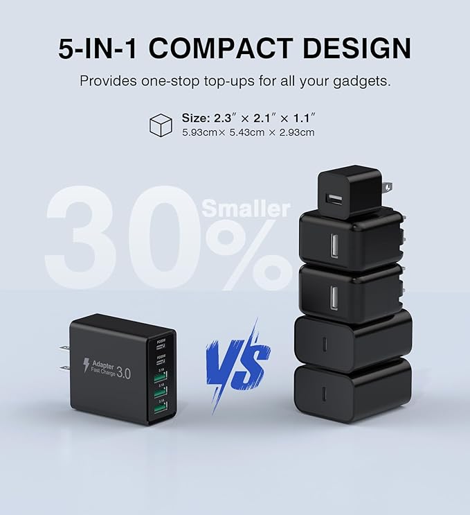 [2-Pack] USB C Wall Charger, 60W USB C Charger Block 5-Port PD Fast Charging Blocks,2USB C+3USB A Multiport Plug,Type C Power Adapter Brick Cube for iPhone 17/16/15/14/13/Pro,Samsung,for Switch（Black）
