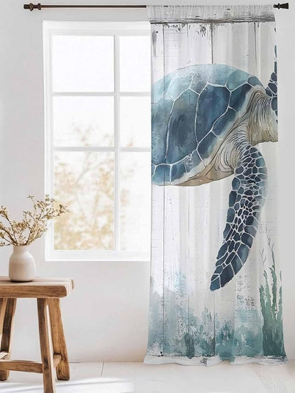 Sheer Curtains 96 Inches Long, Sea Turtle Teal Blue Semi Sheer Curtains Light - Image 3
