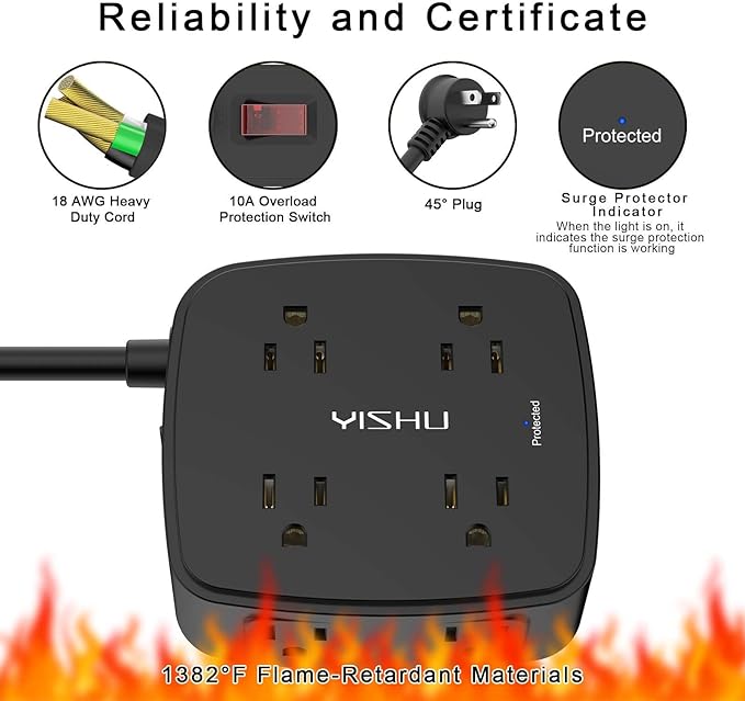6 Ft Surge Protector Power Strip - 8 Widely Outlets with 4 USB Ports, 3 Side Outlet Extender with 6 Feet Extension Cord, Flat Plug, Wall Mount, Desk USB Charging Station, ETL,Black