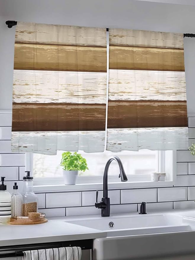 Sheer Curtains 45 Inch Length, Wood Grain Brown Semi Sheer Curtains Light - Image 5