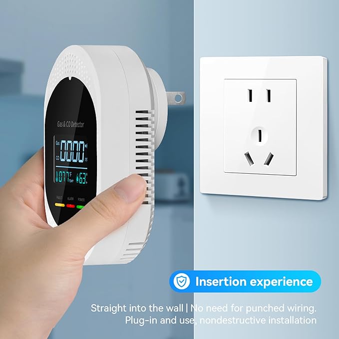 2PCS 4-in-1 Carbon Monoxide & Natural Gas Detectors with Temperature/Humidity LCD Display, Plug in Co Leak Detector Propane Monitor for Home Travel RV Essentials, Sound Alarm Over 85dB