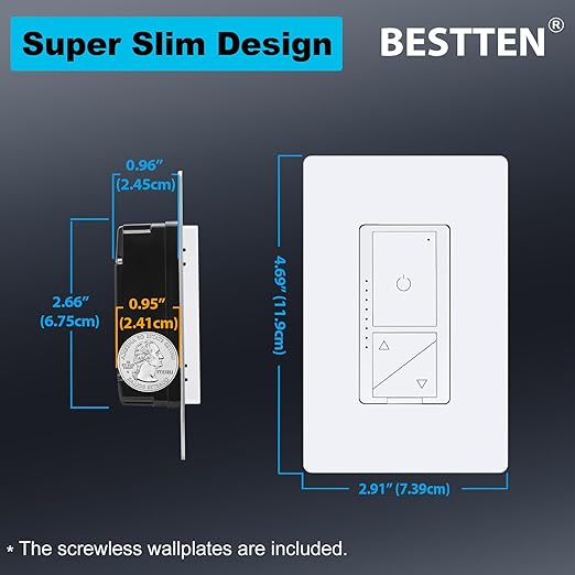 BESTTEN 10 Pack Super Slim Digital Dimmer with Air Gap Power Cut Off Switch, Single Pole or 3 Way Dimmable Light Dimmer Switch, 3 Button Control, Screwless Wallplate Included, ETL Listed, White