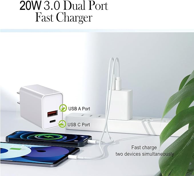 USB C Charger Block, 20W Dual Port Type C Fast Wall Charging Head, Power Adapter Cube for Apple iPhone 16, 15, 14, 13, 12, 11, X, 8, and Apple Watch9, 8, 7, iPad, White, 2 Pack