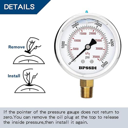 0-5000 Psi Glycerin Liquid Filled Hydraulic High Pressure Gauge, 2.5" Dial Size - Image 4