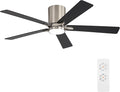 WINGBO 48" DC Flush Mount Ceiling Fan with Lights, 6-Speed Reversible DC Motor, 3CCT, Low Profile Hugger Ceiling Fan for Living Room Bedroom Kitchen, Nickel Finish and Black/Gray Blades