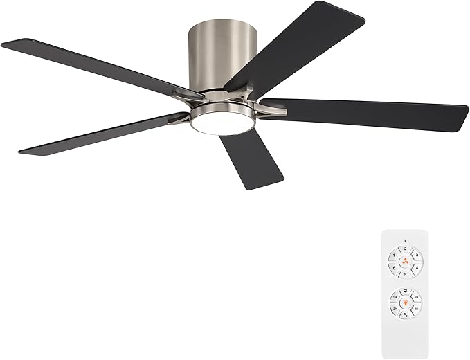 WINGBO 48" DC Flush Mount Ceiling Fan with Lights, 6-Speed Reversible DC Motor, 3CCT, Low Profile Hugger Ceiling Fan for Living Room Bedroom Kitchen, Nickel Finish and Black/Gray Blades