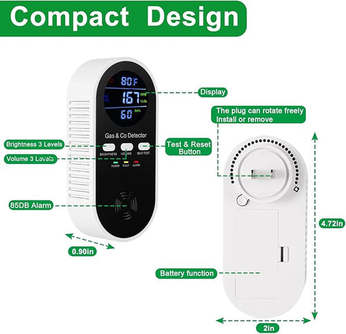 3 Pack 5-in-1 Carbon Monoxide Alarm & Natural Gas Leak Detector,AC-Plug-in CO Detector & Explosive Gas Detector Alarm Battery Backup with 4 sensors,Three Levels Volume & Brightness for Home,RV,Hotel