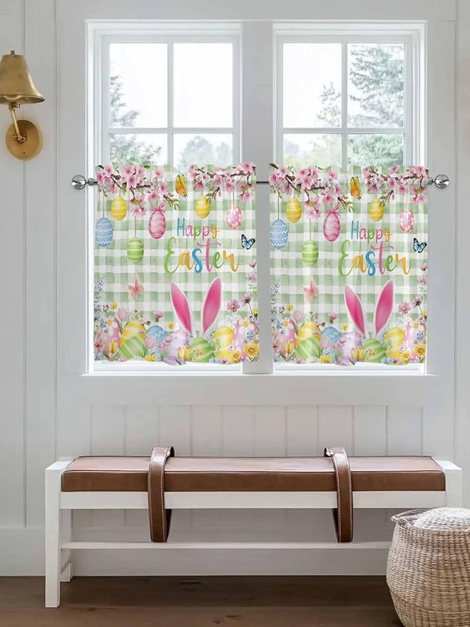 Happy Easter Half Window Curtains 24 Inches Long, Spring Bunny Eggs Flower Sage - Image 4