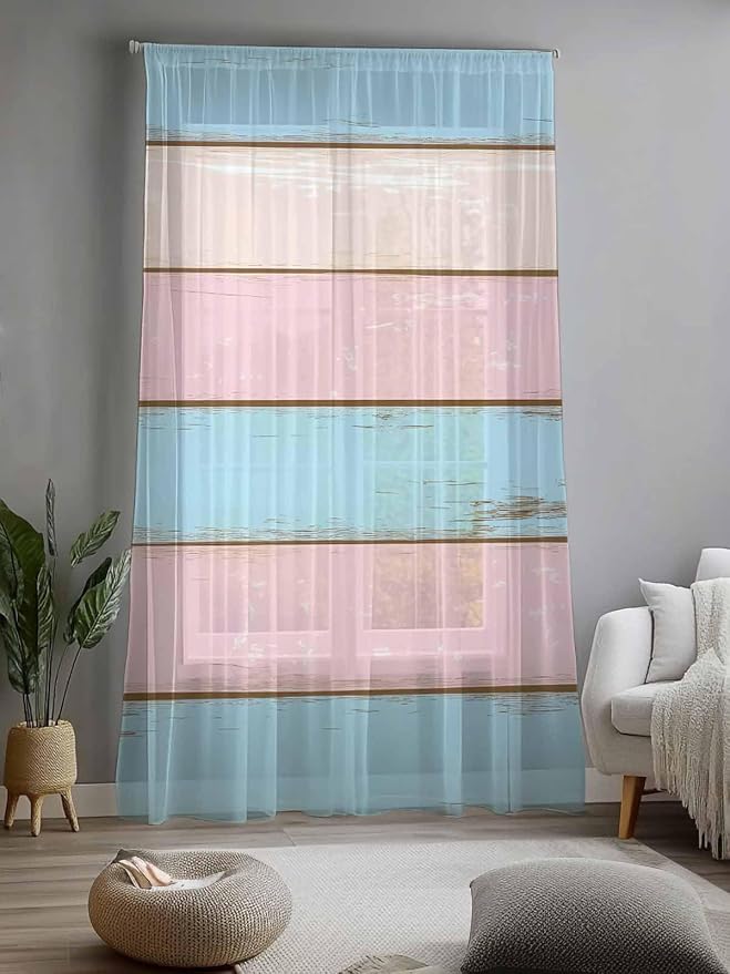 Sheer Curtains 84 Inches Long, Farmhouse Country Shabby Striped Privacy Voile - Image 2