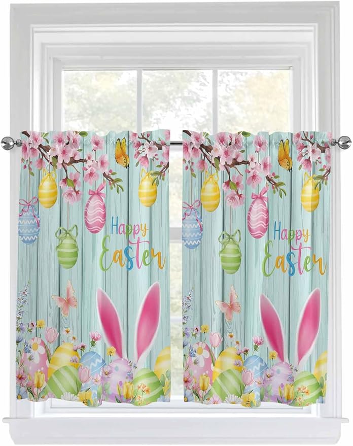 Happy Easter Kitchen Curtains 45 Inches length, Spring Bunny Eggs Flower Teal by Unknown