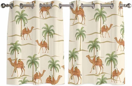 2 Panel Kitchen Cafe Curtains, Date Coconut Tree Sunlight Filtering Nature Air by Hokiten