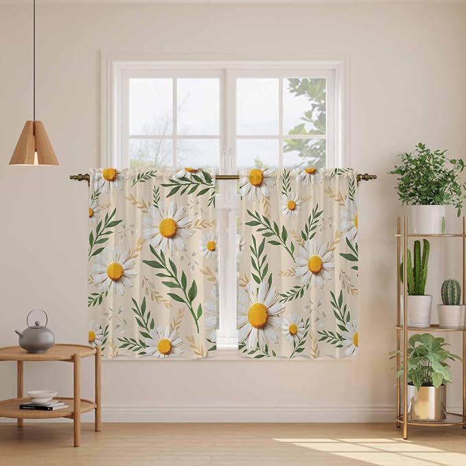 Spring Daisy Tier Curtains, Country Watercolor Flower Leaf Plant Light - Image 3