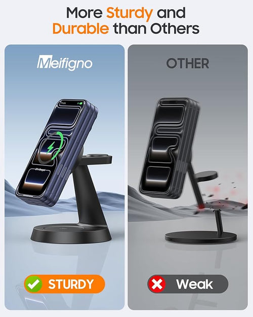 3 in 1 Magnetic Charging Station for Apple Devices, 15W Fast Wireless Charger Compatible with MagSafe Charging Stand Dock for iPhone 17 16 15 14 13 12, Watch Charger Stand for Apple Watch & Earbuds