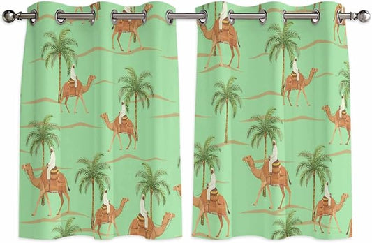 2 Panel Kitchen Cafe Curtains, Desert Camels Sunlight Filtering Nature Air by Hokiten