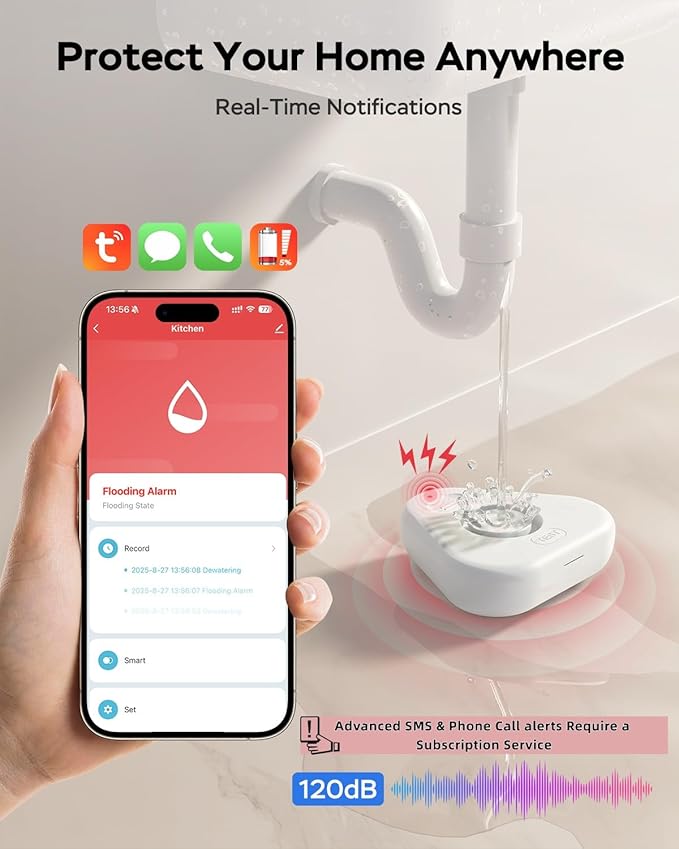 Water Alarm Leak Detector,Water Leak Detectors for Home with App Alerts,Water Sensor Alarm Leak Detector with 120db Adjustable,500ft Transmission for Basement,Bathroom,No Hub Required (Support 2.4G)