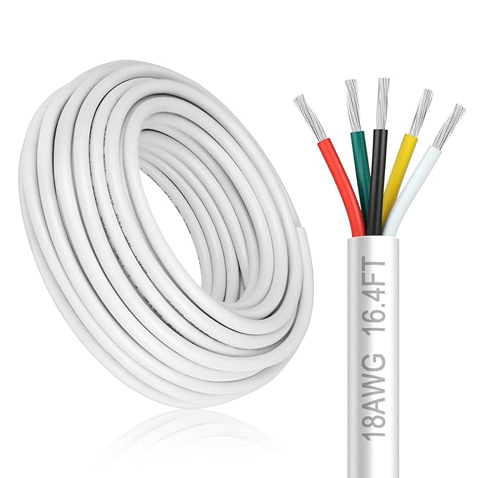 18 Gauge 5 Conductor Electrical Wire, 16.4FT White Stranded Low Voltage 18/5 Cable PVC Case, 18 AWG Tinned Copper 5 Wire Cable Extension Power Cable for Strips LED Lamp Lighting Automotive