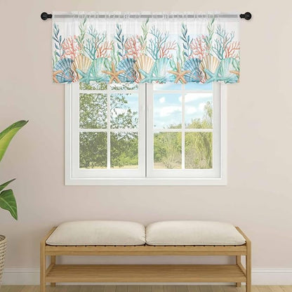 Summer Beach Sheer Valance Curtains, Ocean Colorful Coral Shell Seaweed - Image 4