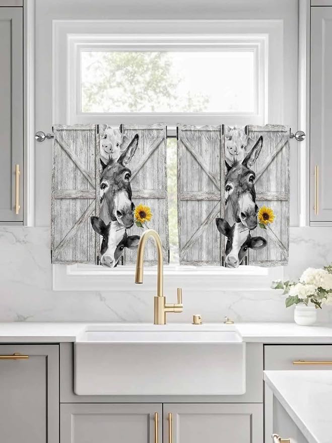 Grey Farmhouse Half Window Curtain 36 Inches Long, Vintage Sunflowers Animals - Image 3