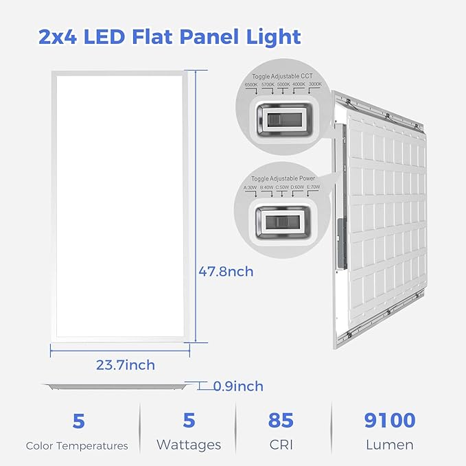 AIKVSXER 24 Pack 2x4 LED Flat Panel Light, Bright 9100LM Office Kitchen Flush Mount Ceiling Light Fixtures,Dimmable,Switchable 5CCT 3000K/4000K/5000K/5700K/6500K, 5 Wattages 30W/40W/50W/60W/70W