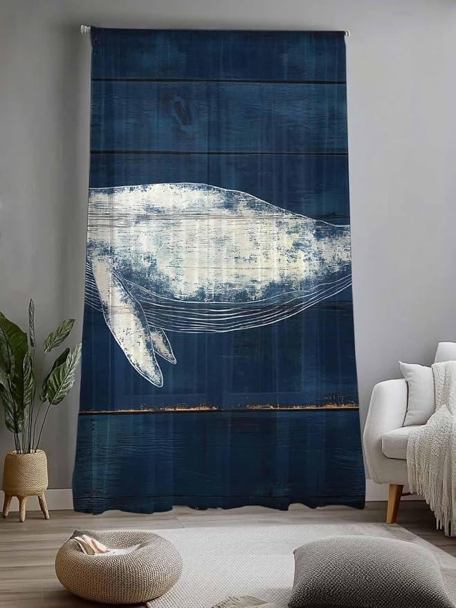 Sheer Curtains 96 Inches Long, Summer Whale Semi Sheer Curtains Light Filtering - Image 2