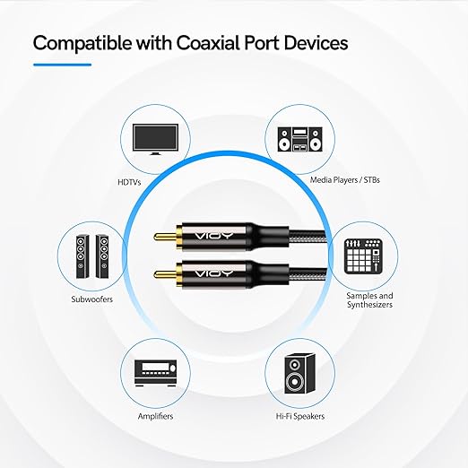 VIOY Coaxial Digital Audio Cable (10 FT/3 M), Subwoofer Cable RCA Male to Male HiFi 5.1 SPDIF Stereo Coaxial Audio Cable for Home Theater, HDTV, Amplifier Speaker Soundbar