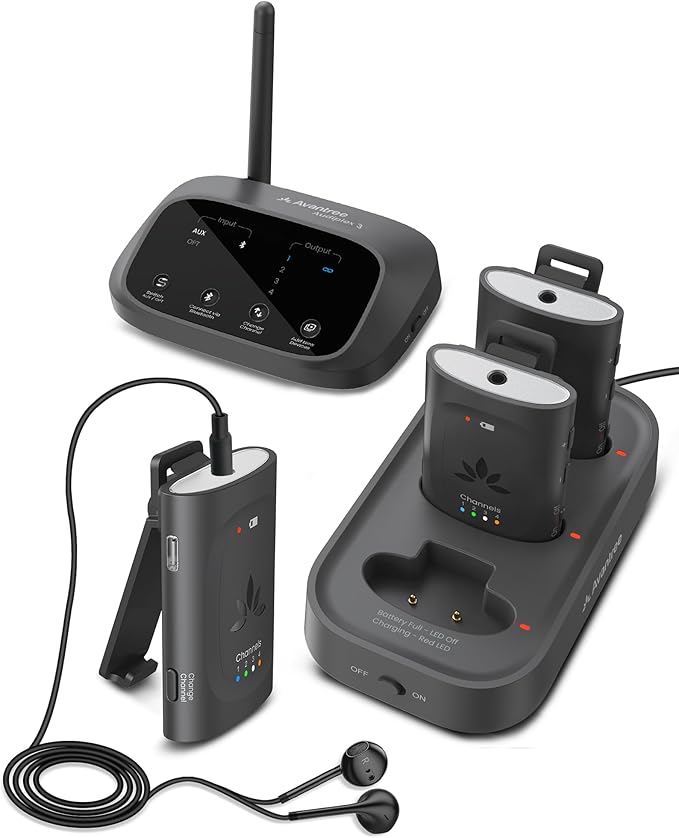 Avantree Audiplex M3 – Multi-Channel Assistive Listening System & Headphones for Church Translation, Classroom, 30ms Low Latency, Superior Sound, Wireless Audio Transmitter with 3 Clip-on Receivers