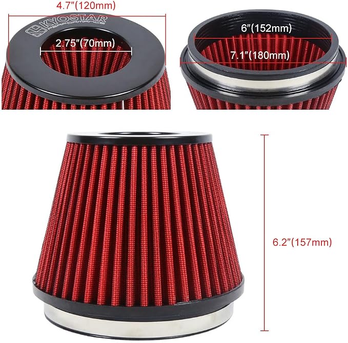 KYOSTAR Universal 6" High-Flow Air Filter, Reusable Cone Cold Air Intake - Image 2