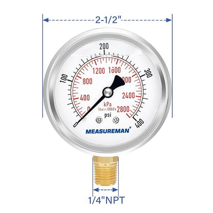 MEASUREMAN 2-1/2" Dial Size, Glycerin Filled Pressure Gauge, 0-400psi/2800kpa - Image 7