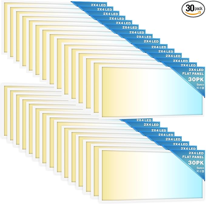 Sunco 30 Pack 2x4 LED Flat Panel Light Drop Ceiling Office Shop Commercial Warehouse Fixture, 6500 Lumens, Selectable Features, 30W/40W/50W, 4000K/5000K/6000K, Dimmable (0-10V), Dustproof ETL.