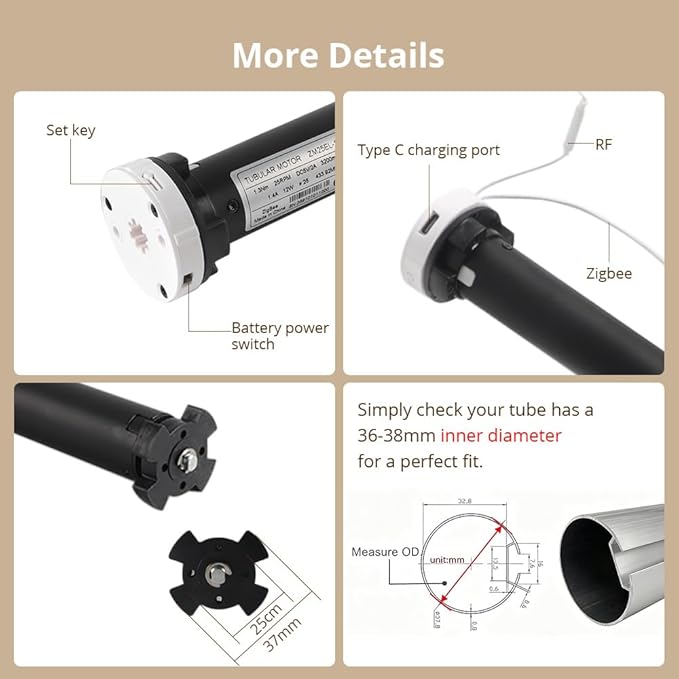 Blindsmart Rechargeable Tuya Zigbee Roller Blinds Motor for 38mm Tube, Motorized Window Shades Automatic Blinds Curtain Opener APP Control, Zigbee Hub Required (Only Motor + Solar Pannel)