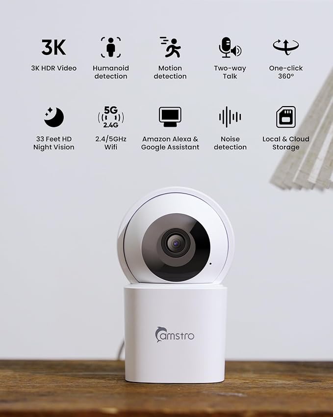 CAMSTRO 3K Indoor Security Camera 2 Pack, 360° Pan/Tilt WiFi Camera for Home Security, 2.4/5GHz Pet/Dog/Baby Camera with Phone App, Night Vision, Two-Way Audio, 24/7 SD/Cloud Storage, Works with Alexa