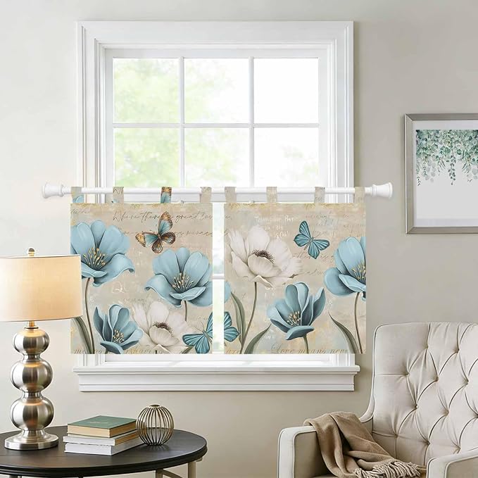 Spring Flowers Kitchen Curtains 36 Inch Length, Small Window Curtains Tab Top - Image 2