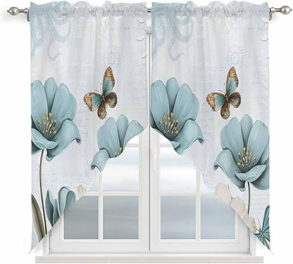 Blue Tulips Swag Valances for Windows, Watercolor Flowers Butterfly Spring by Unknown