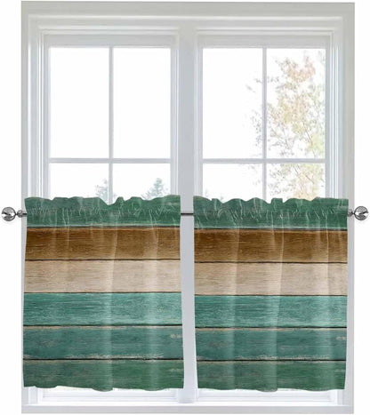 Vintage Plank Turquoise Brown Window Valance Curtains, Farmhouse Wood Grain - Image 9