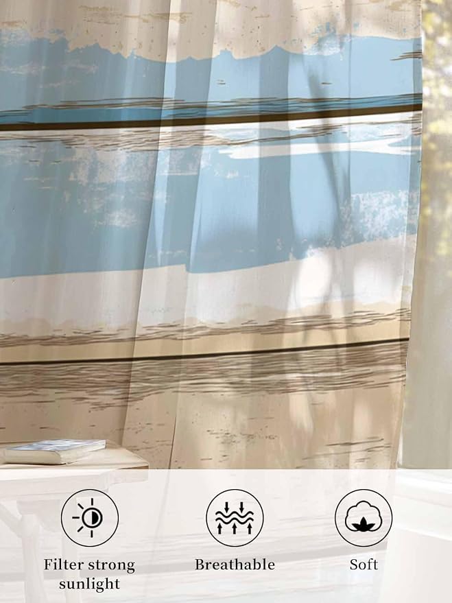 Sheer Curtains 63 Inch Length, Vintage Geometric Blue Semi Sheer Curtains Light - Image 6