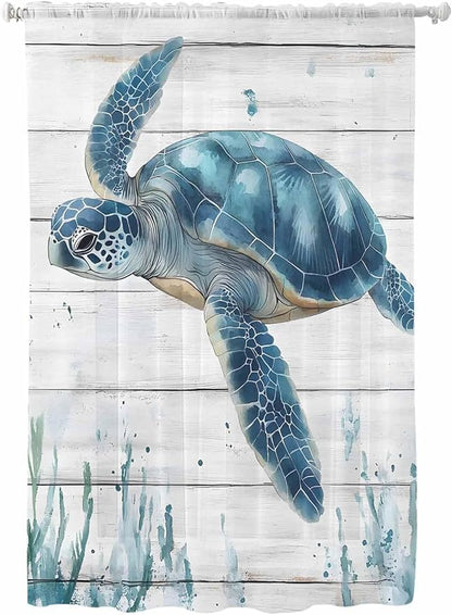 Sheer Curtains 72 Inches Long, Teal Green Ocean Turtle Semi Sheer Curtains by Unknown