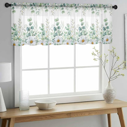 Eucalyptus Leaves Daisy Sheer Valance Curtains, Summer Farmhouses Flower Light - Image 3