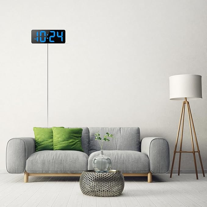LED Digital Wall Clock with Large Display, Big Digits, Auto-Brightness, 12/24Hr Format, Modern Electric Small Silent Wall Clock for Living Room, Bedroom, Classroom, Farmhouse, Kitchen, Office - Blue