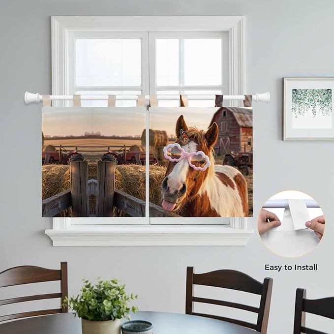 Farm Horses Kitchen Curtains 24 Inch Length, Small Window Curtains Tab Top - Image 4