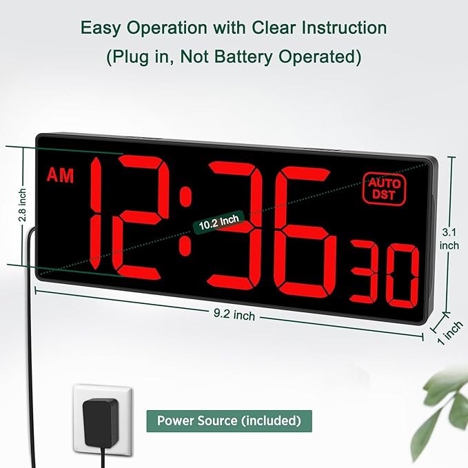 Soobest LED Digital Wall Clock, Large Digital Clock Bold Numbers with Seconds for Seniors Visually Impaired，Plug Electric Clock Dimmable Auto DST Large Display 10 Inches (Red)