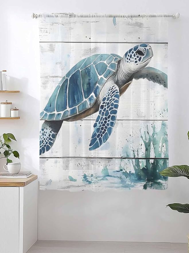 Sheer Curtains 63 Inch Length, Teal Green Sea Turtle Semi Sheer Curtains Light - Image 2
