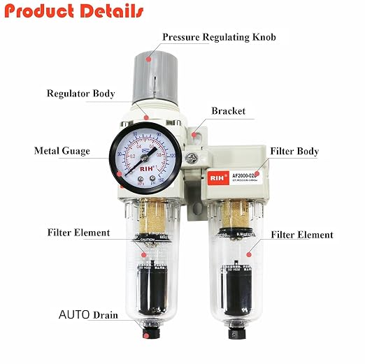 RIH Pneumatics 1/4'' NPT Auto Drain Compressed Air Double Filter & Regulator - Image 6
