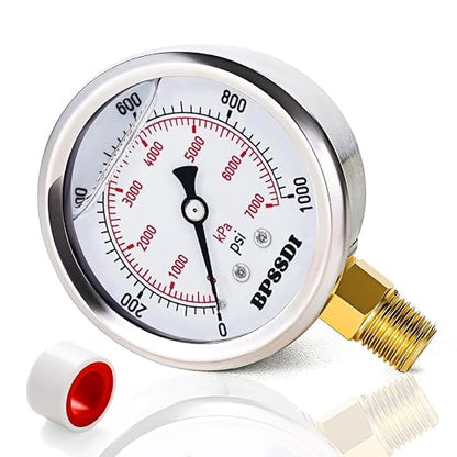 0-1000 Psi Glycerin Liquid Filled Hydraulic Pressure Gauge, 2.5" Dial Size by BPSSDI